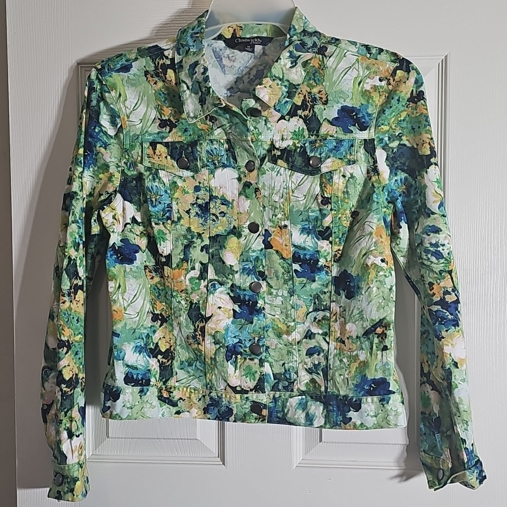 Chadwicks of Boston Stretch Cotton Denim Floral Wearable Art Jean Jacket Size M